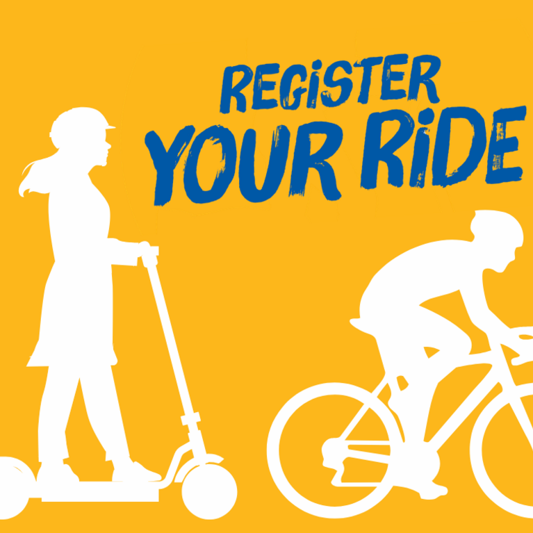 Yellow banner with "Register Your Ride" in blue and an all-white illustration of a person on a scooter and a person on a bicycle.